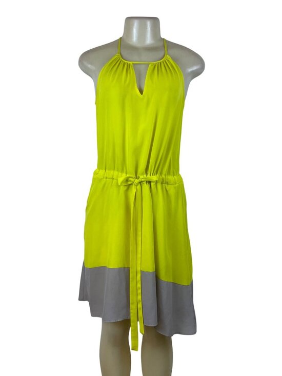 Bar III Women's Yellow Sleeveless Halter Dress W/ Tie Waist & Gray Hem Sz S - Picture 1 of 7
